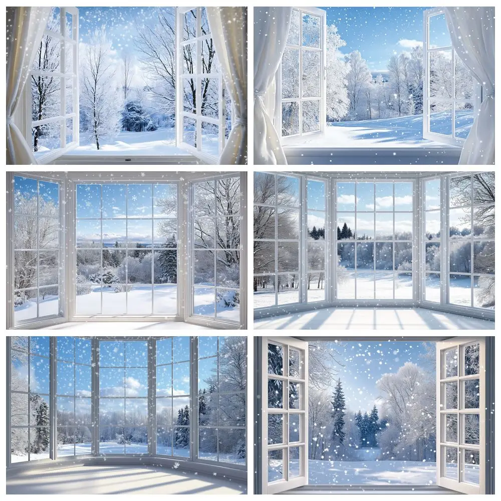 

Outdoor Snow Forest Blue Sky Big French Window Backdrop Winter Baby Kids Portrait Home Decor Photography Background Photostudio