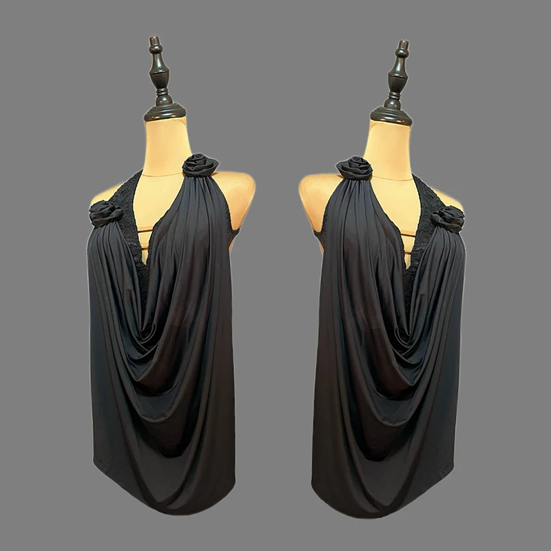 Pakaian Latihan Tari Ballroom Wanita Atasan Tari Hitam Halter Kostum Tango Standar Pakaian Tari Latin Dewasa VBH2101