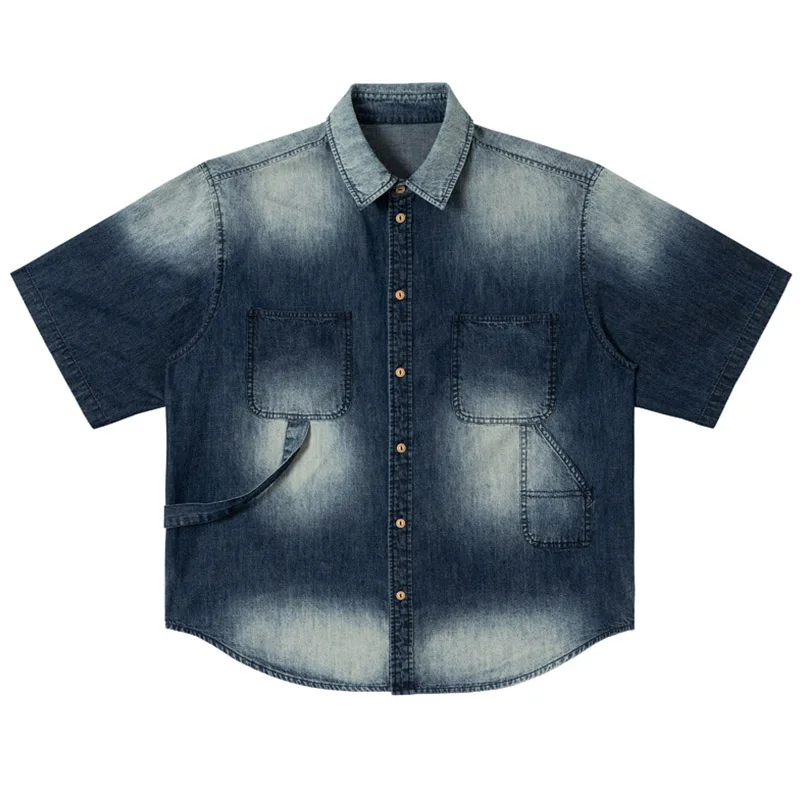 Vintage Oversized Harakuju Jeans Shirts Fashion Patchwork Loose Button Up Blouse For Male