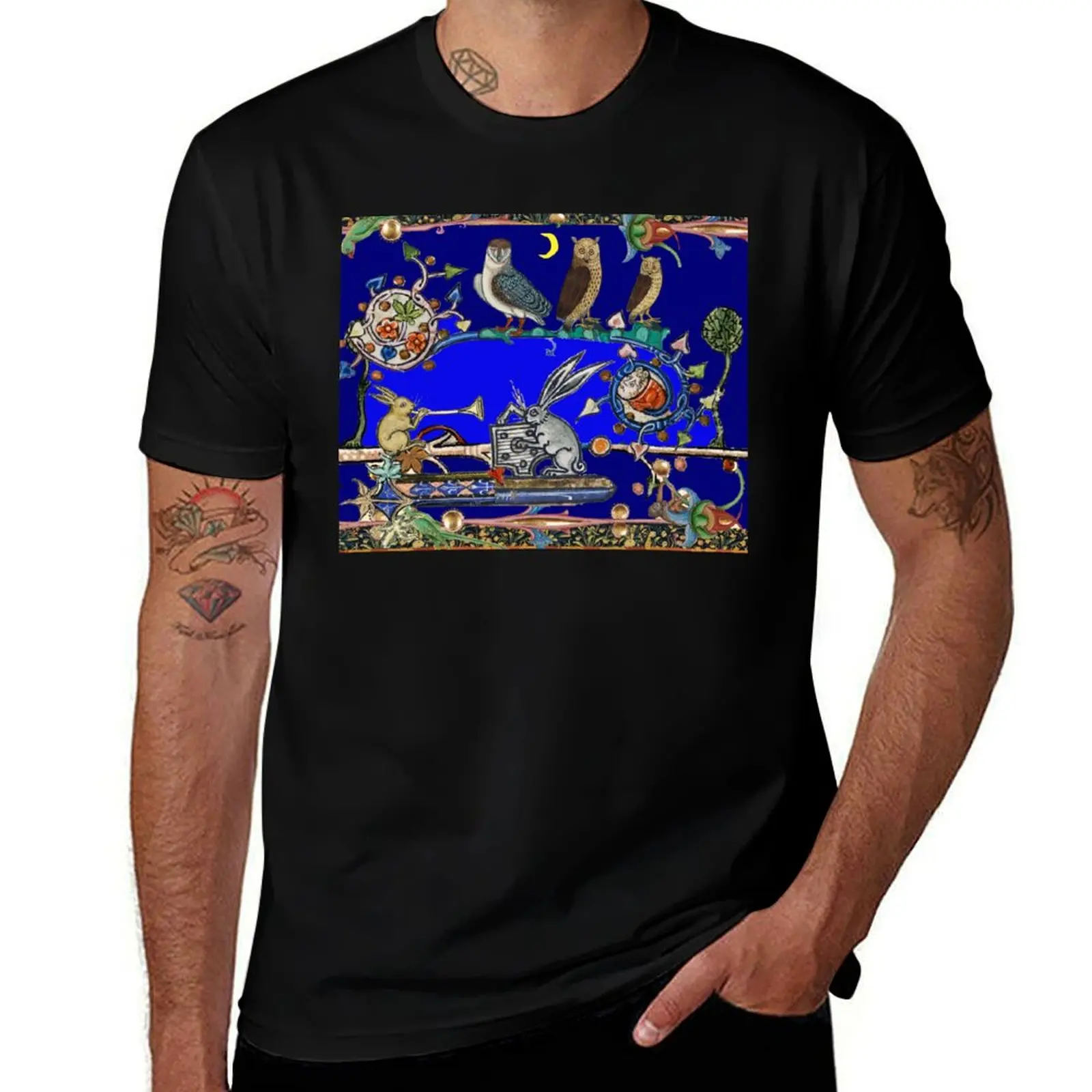 WEIRD MEDIEVAL BESTIARY MAKING MUSIC, Three Owls And Night Concert of Rabbits T-Shirt man t shirt graphic T-Shirt