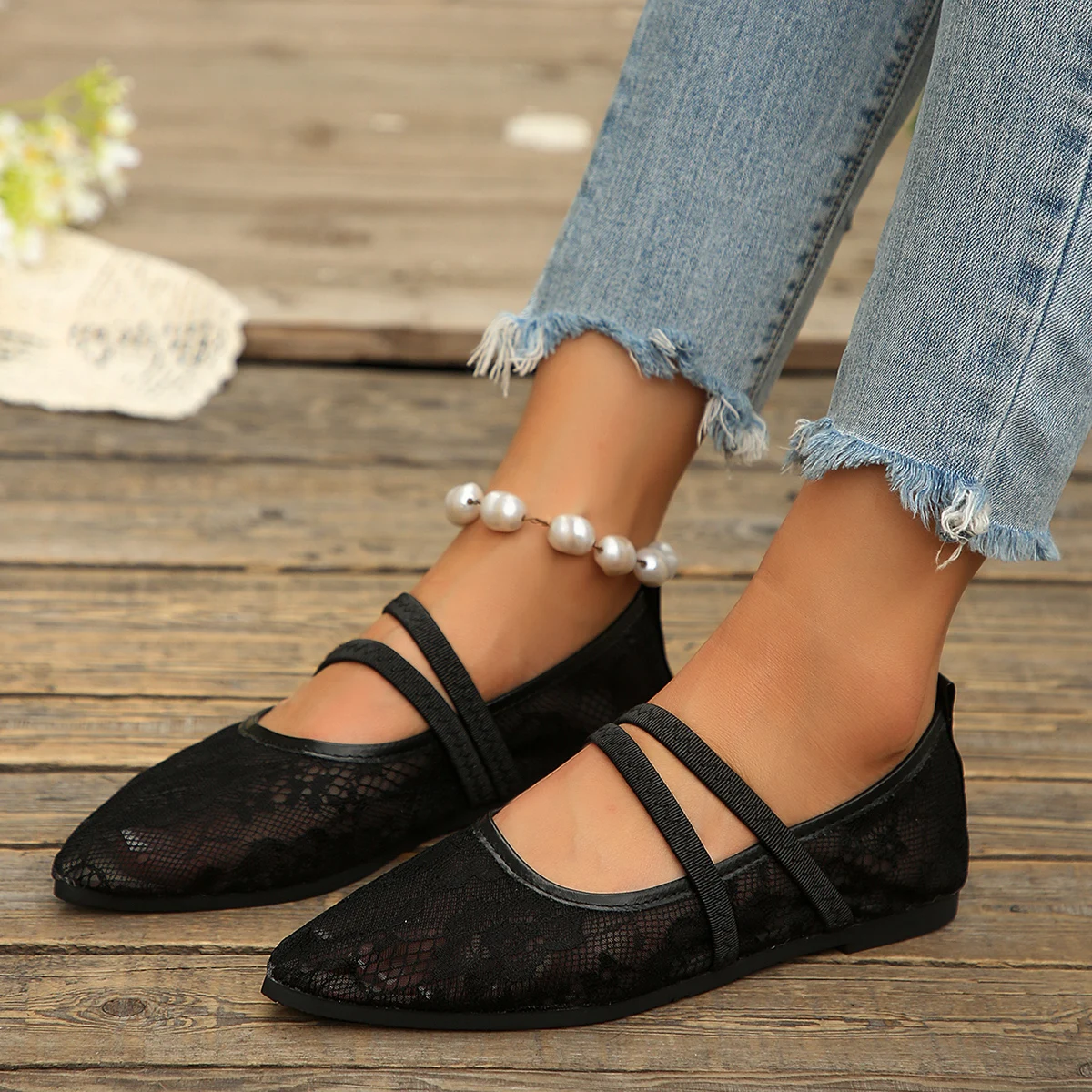 Modische und heiß begehrte sexy Mesh-Flachschuhe für Damen – Neue, spitze, bequeme, atmungsaktive und lässige Sommerschuhe – Detail 7