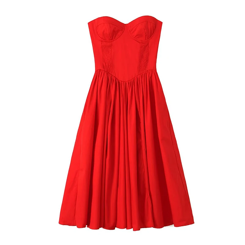 YENKYE Summer Elegant Women Dresses 2024 New Arrival Formal Occasion Red Strapless Dress Midi Party Robe Wedding Guest Clothing