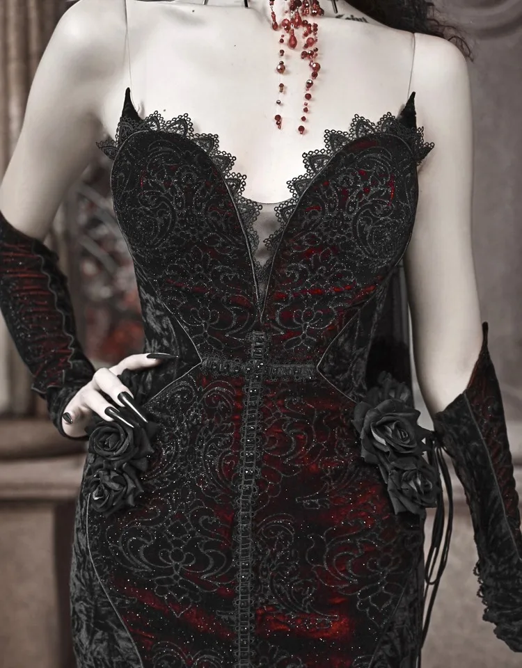 Blood Supply Original Design Vampire Black Red Dress Lace Patch Gothic Velvet Trumpet Sleeveless Sexy X-Long Dress Holloween