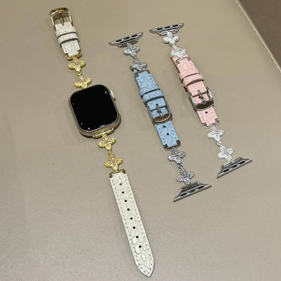 سوار فاخر من الألماس على شكل نجمة رباعية الرؤوس لساعة Apple Watch Series 10 9 8 7 6 SE 5 4 3 2 Ultra 46 مم 49 مم 45 مم 44 مم 42 مم 41 مم 40 مم 38 مم، حزام جلدي