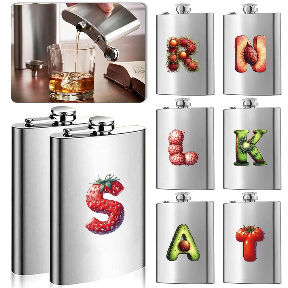 

8oz Portable Pocket Flask Stylish Printed Durable Drinking Ware Outdoor Stainless Steel Liquor Container Fruit Letter Pattern