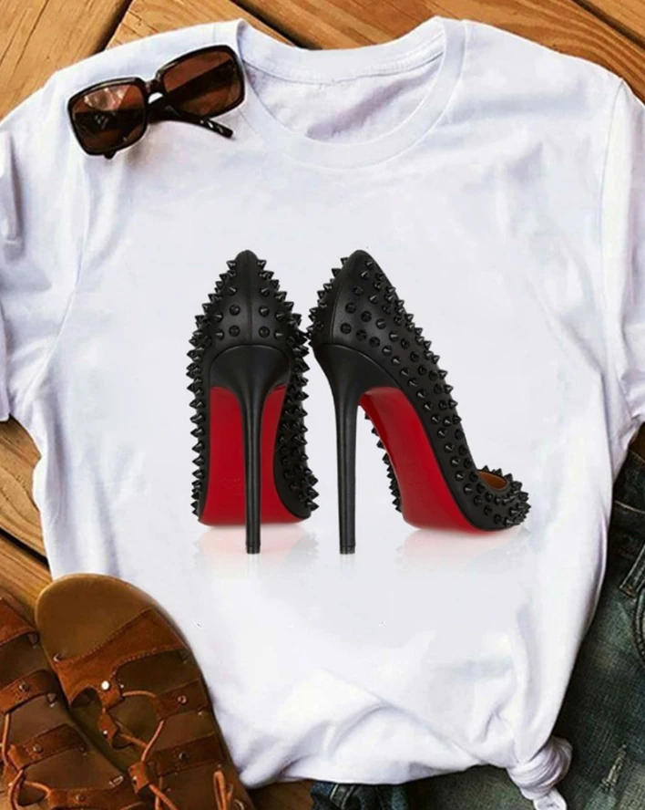 

2024 Summer New Women's T-shirt Graphic Studded Heels Print Crew Neck Blouse Top Fashion Casual Daily Street Sports Ladies Shirt