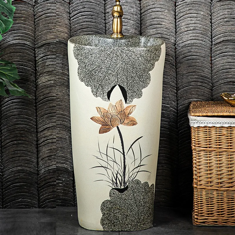 Column Basin Ceramic Washbasin Balcony Outdoor Bathroom Washbasin Integrated Column Basin Floor Washbasin Carving