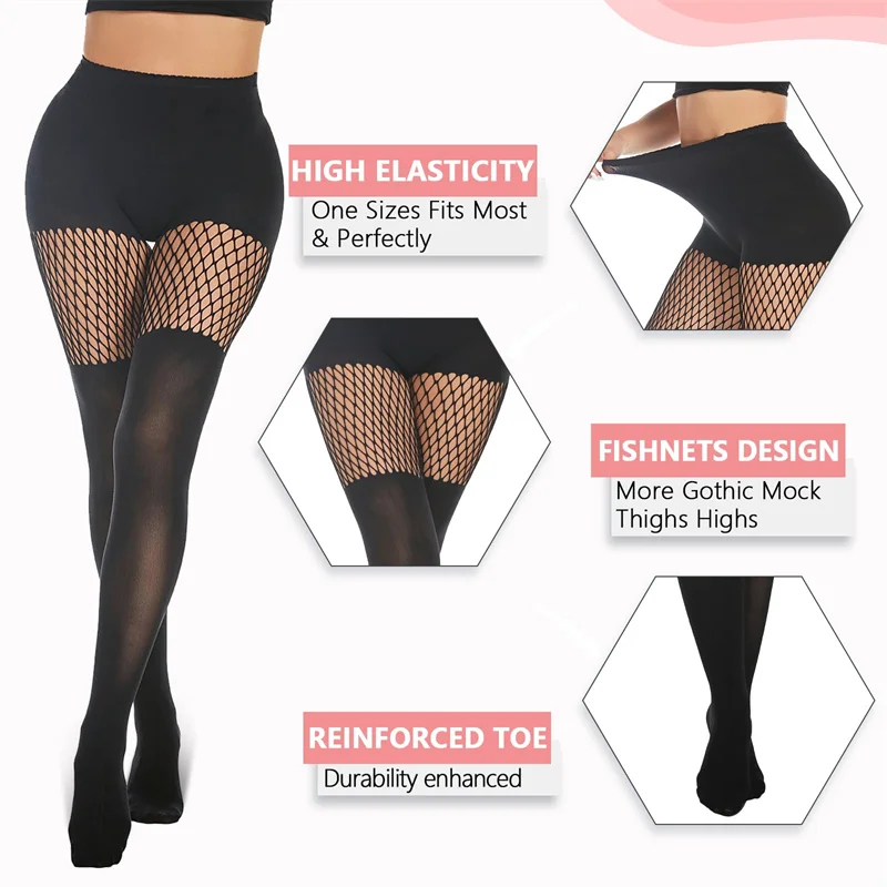 Kave 1 Pair Women Black Faux Thigh High Tights Mock Suspender Pantyhose Striped Goth Fishnets Over the Knee Sweater Dance Socks