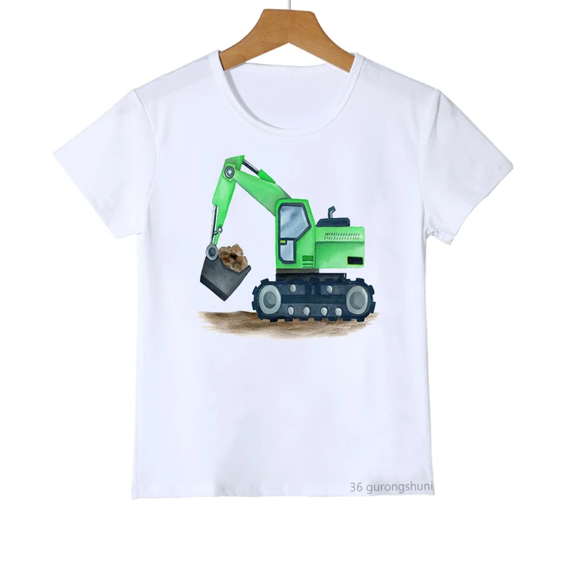 New Hot Selling Boys T-Shirt Cute Construction Truck Excavator Fire Truck Cartoon Print Boys Clothes Fashion Toddler Tshirt Tops