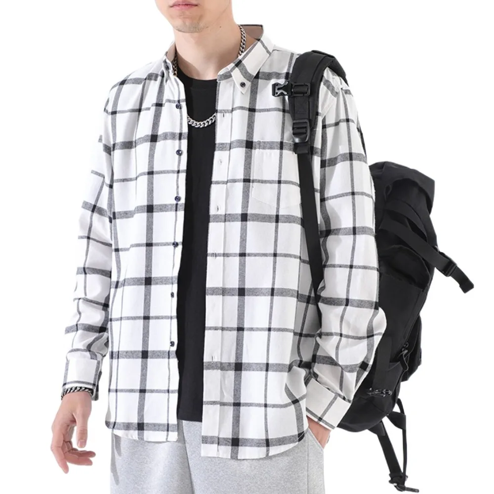 Fashion Cotton Men Blouse Lapel Large Size Plaid Oversized Shirts Streetwear Button Up Grid Blouse Women Unisex