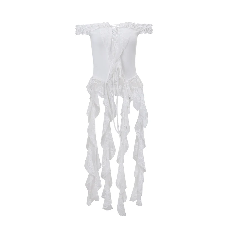 WhereMery Sexy Pleated Lace Top White Y2K Off Shoulder Irregular Tank Top Summer Sleeveless One Shoulder Hollow Club T-shirt