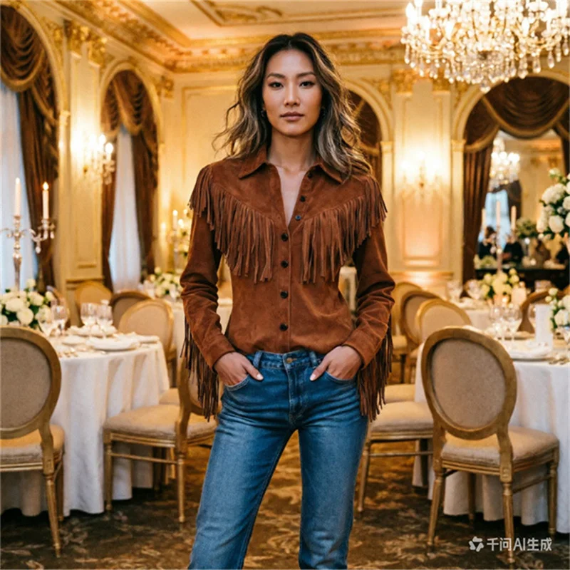 

Ladies' Pink Suede Fringe Shirt, with Unique Design Style and Fashionable Texture, Unparalleled and Visually Impactful.