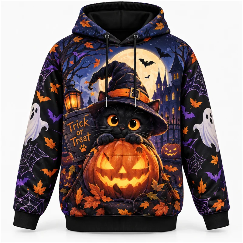Halloween Hoodie Spooky Graphic Pullover Occult Fantasy Dark Streetwear Pumpkin Ghost Witch Magic Skeleton Cyber Horror Unisex