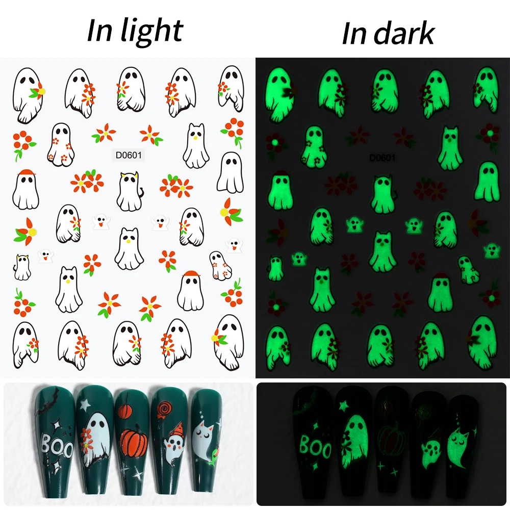 1Pc/10*8Cm Glow In The Dark Halloween 3d Nail Stickers Schattige Lichtgevende Pompoen/Ghost Kleefstof Diy Manicure Vingertoppen Decals Cadeau