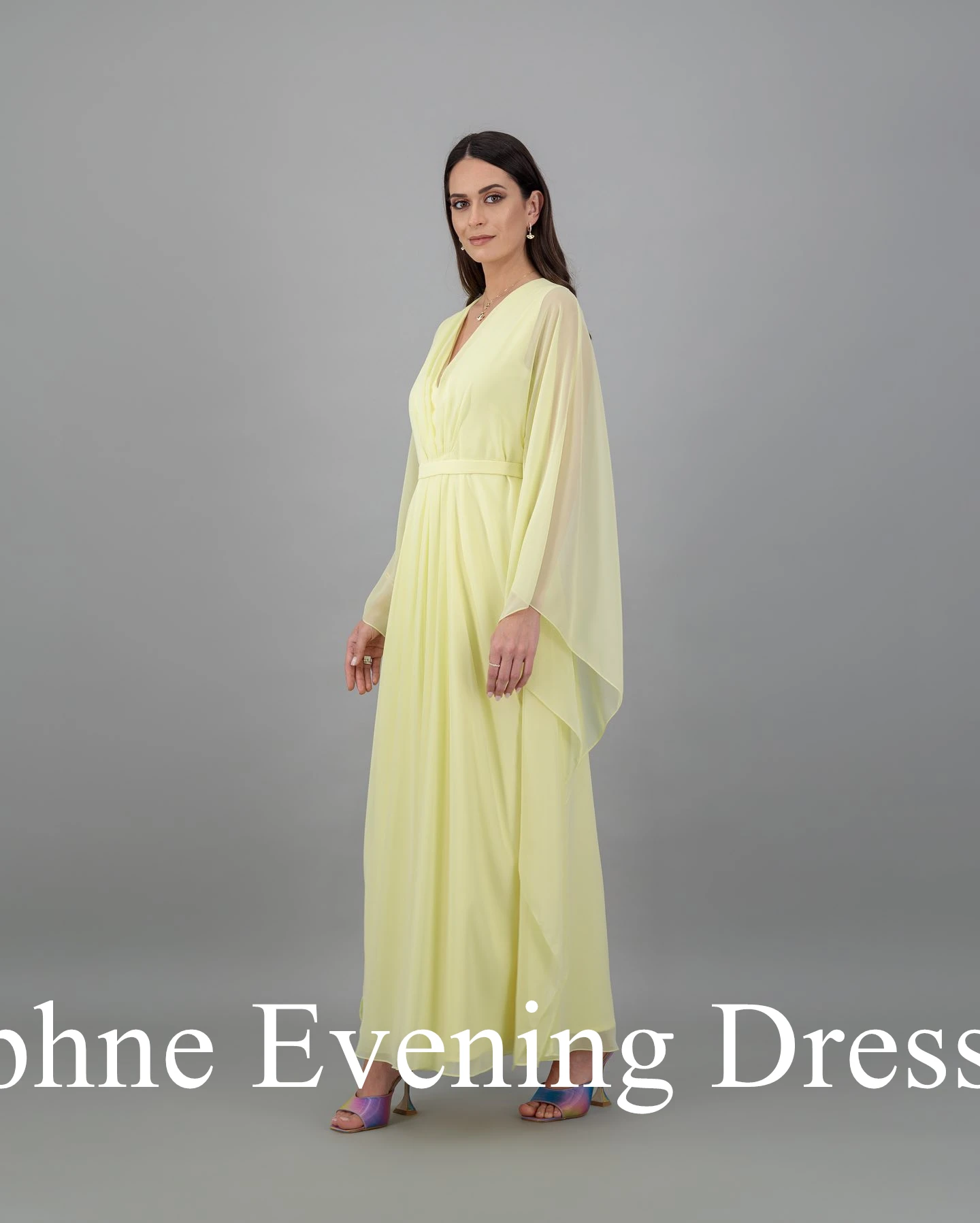 فستان سهرة كلاسيكي مخصص برقبة على شكل حرف v شيفون بأكمام طويلة وطيات مزاجية وحزام لون الصورة فيستدو دي فيستا رداء السهرة