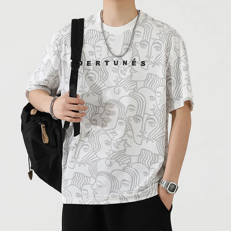 

Summer Ice Silk Breathable Cool Short sleeved T-shirt for Men's Fashion Design, Printed Personalized Trendy Loose Casual Top