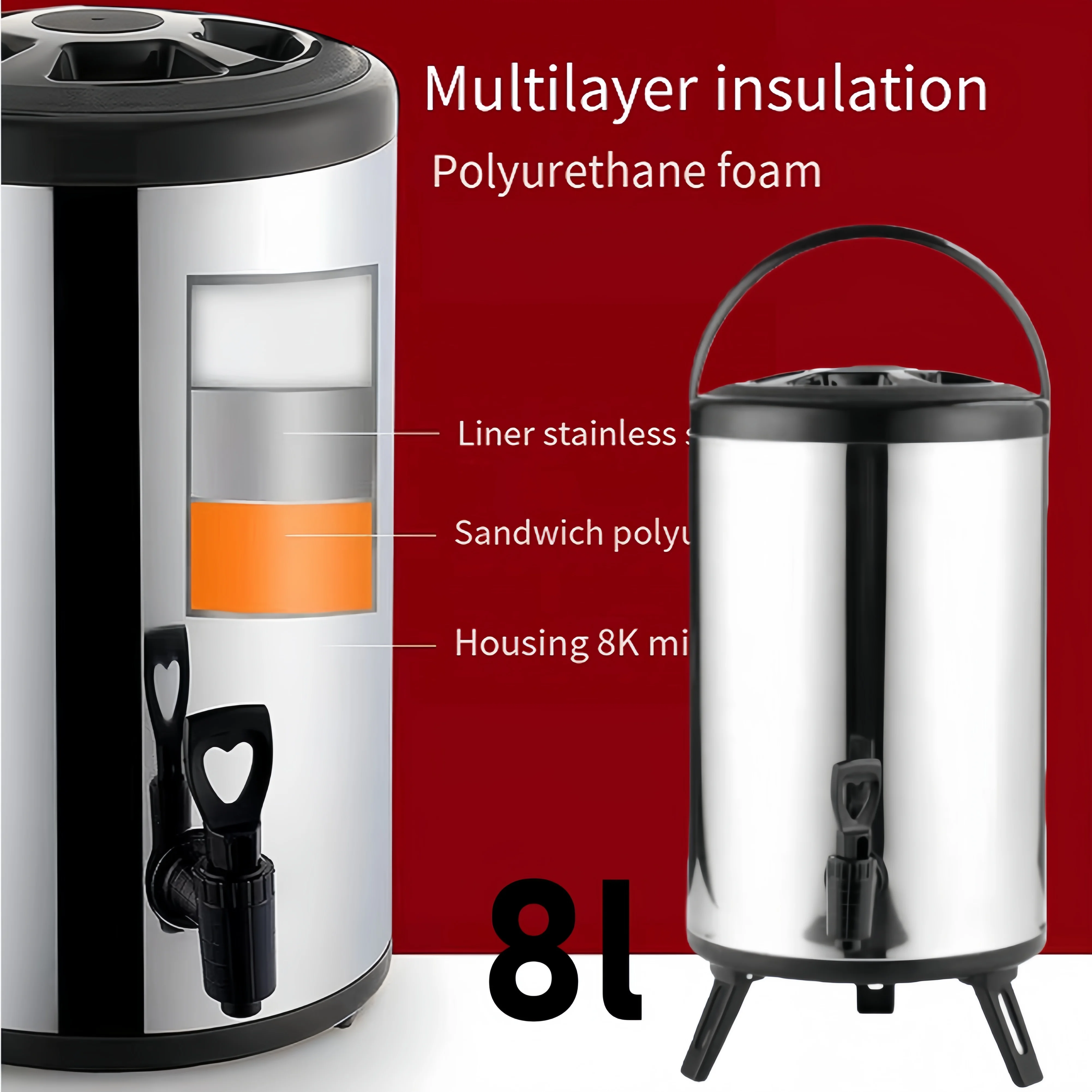 

Double Layer Insulation Bucket Stainless Steel Insulated Beverage Dispenser 8L Insulation For 6-12 Hours for Milk Tea Coffee Bar