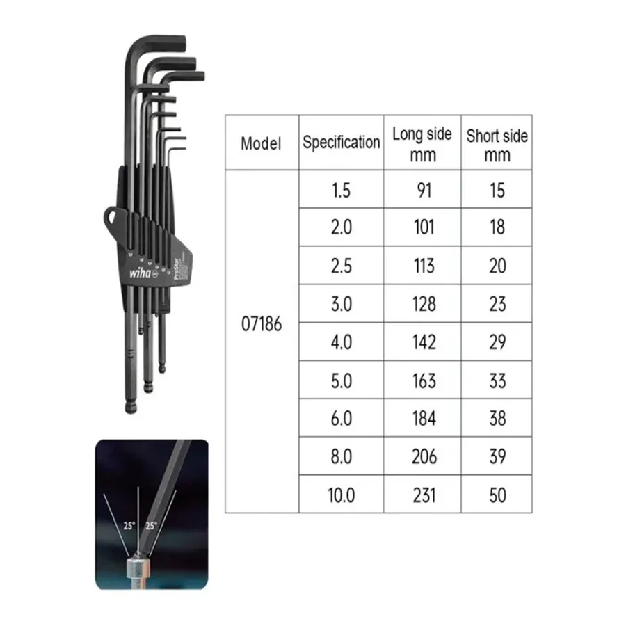 WIHA 07186 Metric L-type Hex Wrench set 9Pcs Precison Extended Version Black Ball/Flat Head Spanner for Bicycle Repair Tools