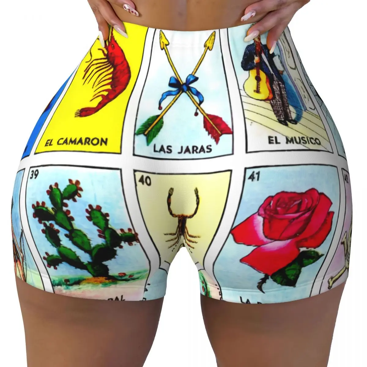 Custom Women's Loteria Card Mexican Bingo Workout Yoga Shorts Gym Athletic Volleyball Biker Shorts