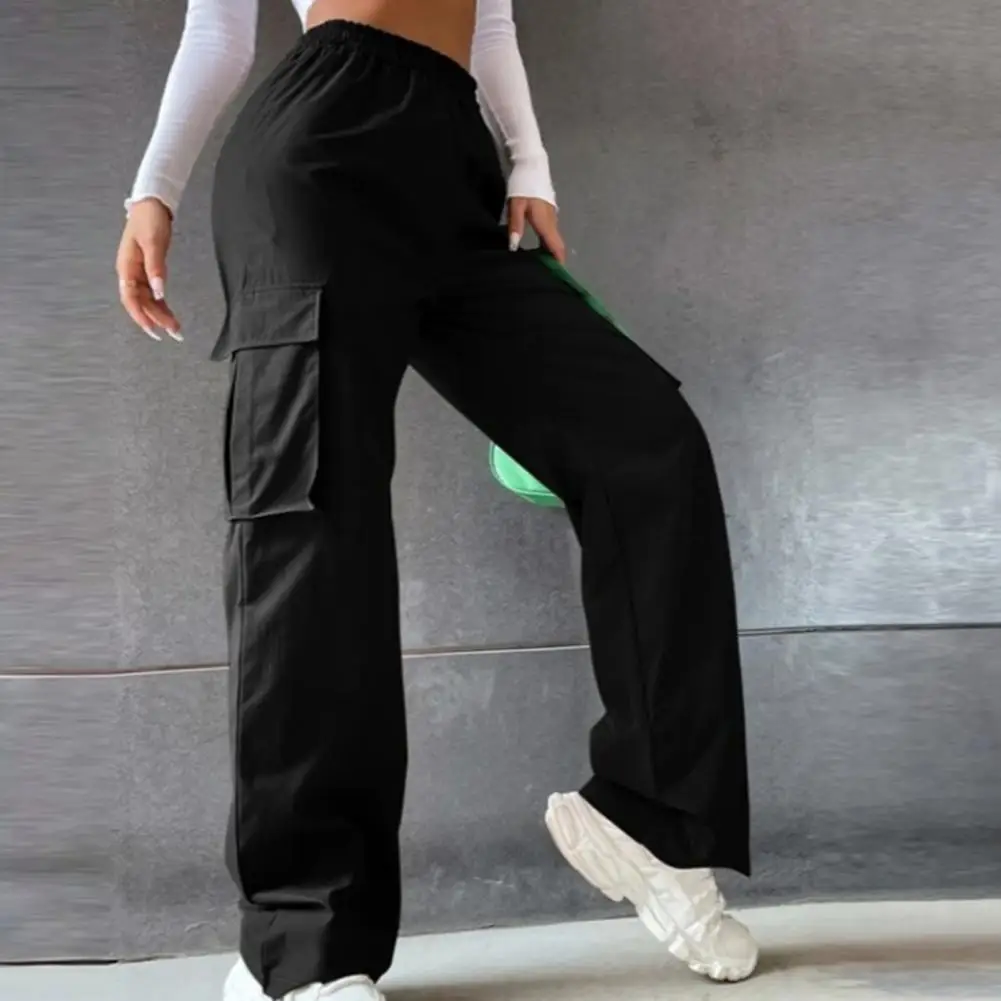 

Women Cargo Pants Elastic Waist Straight Flap Pocket Women Trousers Hip Hop Wide Leg Lady Pants Soft High Waist Long Trousers