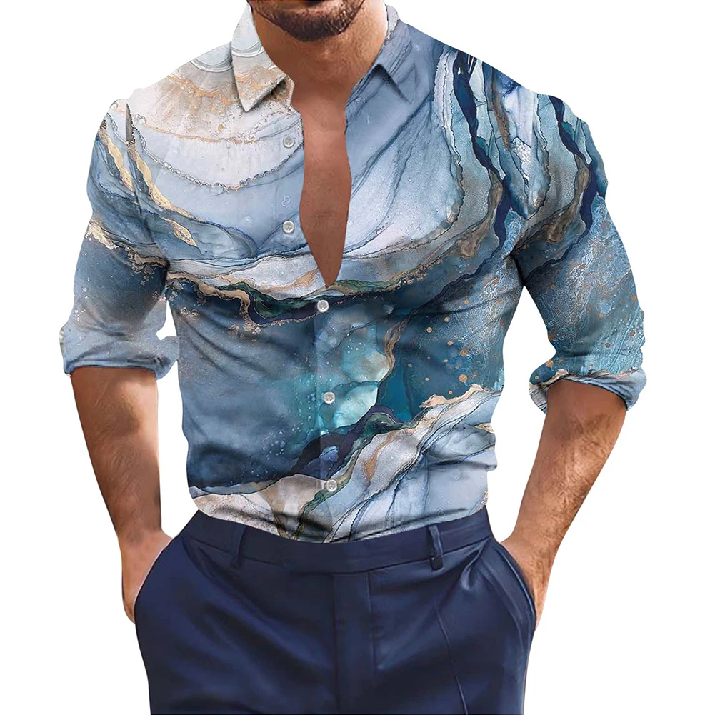 Men Shirt Comfortable For All Seasons Lapel Long Sleeve Party T Dress Up Polyester Printed Regular Button Down