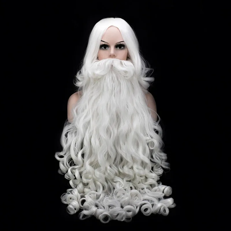 Santa Cosplay Santa Claus Wig and Beard Cosplay Wigs White Hairpiece Accessories Santa Beard 60cm For Christmas New Year Gift