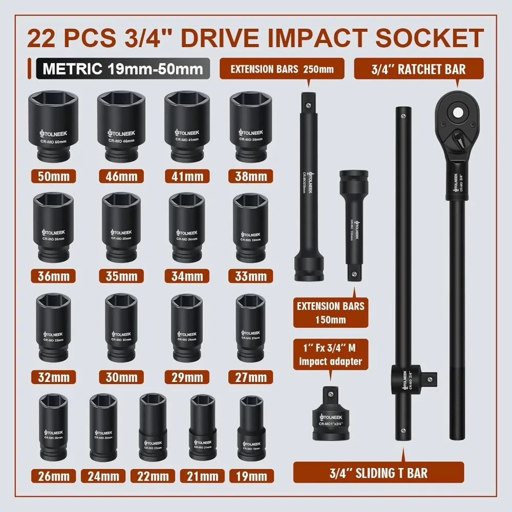 

22PCS 3/4" Impact Socket Set, Metric Sizes 19-50mm, Cr-Mo Steel with Ratchet & Case