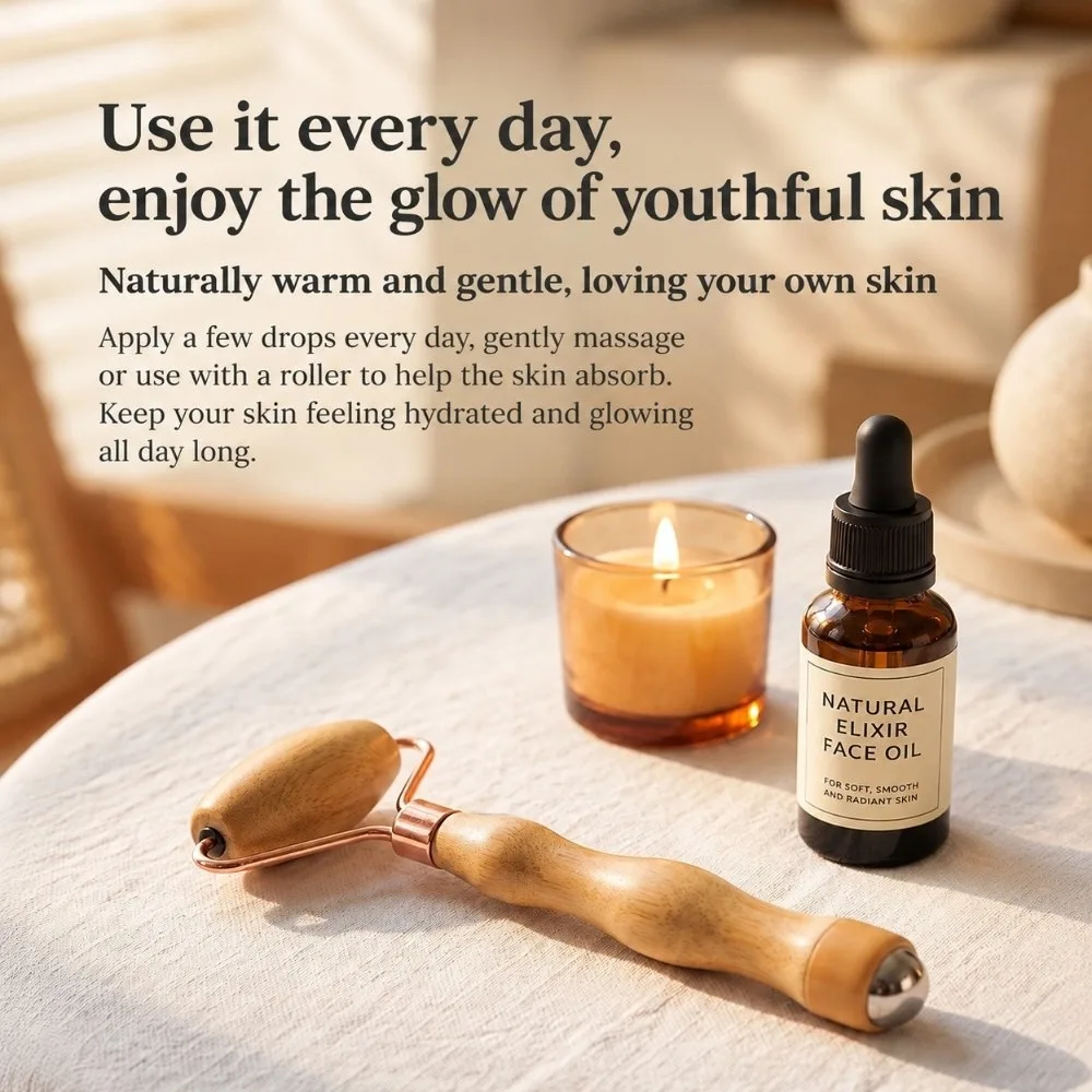 Bamboo Wood Face Massage Roller Dual End Curved Bracket Handheld Roller Metal Ball Polished Handle Facial Massage Stick