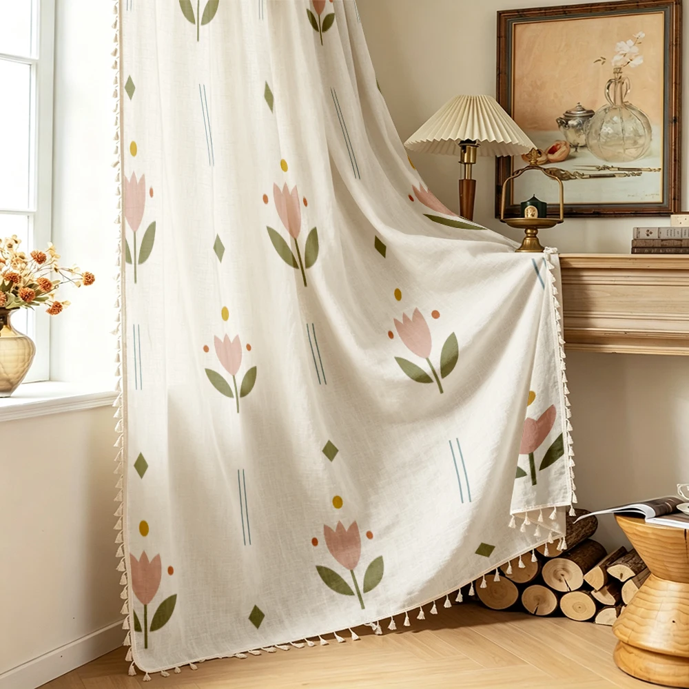 1PC Floral Tassel Sheer Curtains, Pink Tulip Green Diamond Dot Pattern, Digital Print, Linen Polyester, Bedroom Window