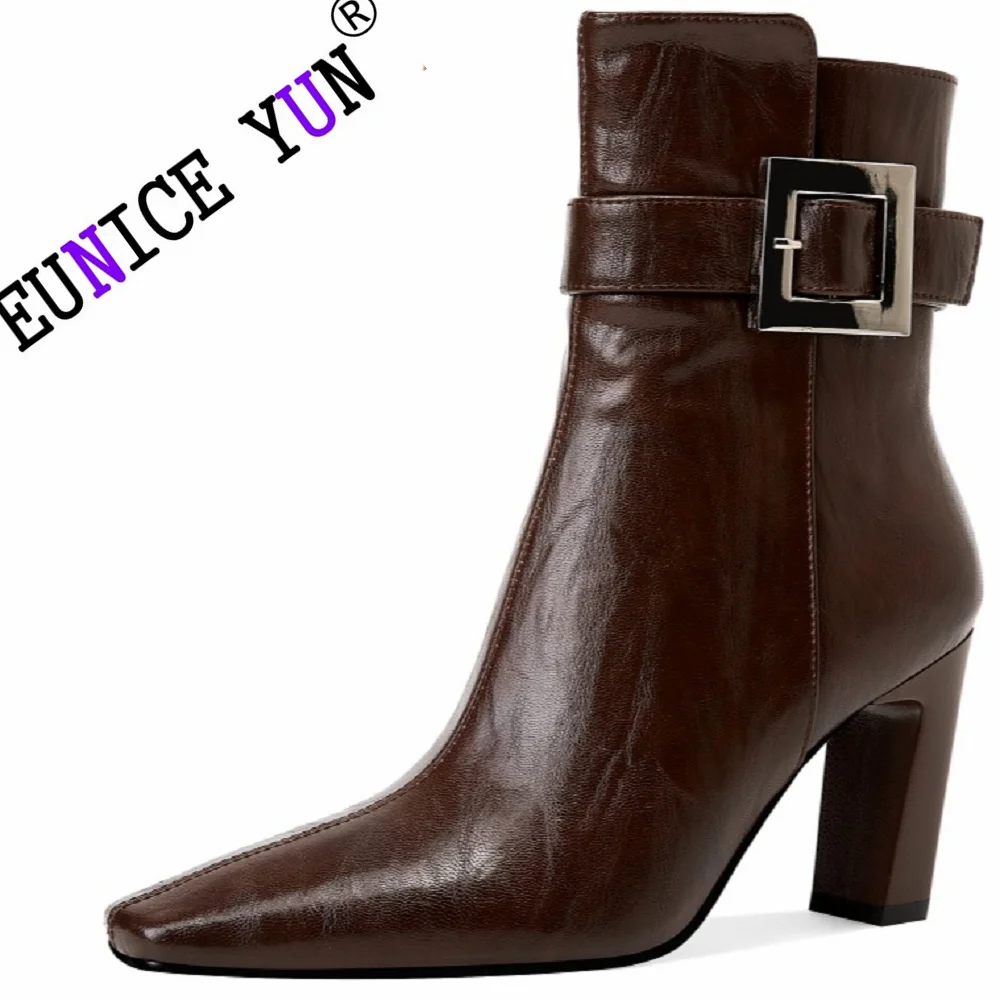 

【EUNICE YUN】New Women Boots Square Toe Chunky Heel Boots Split Leather Shoes for Short Modern Boots Winter Belt Buckle 34-40