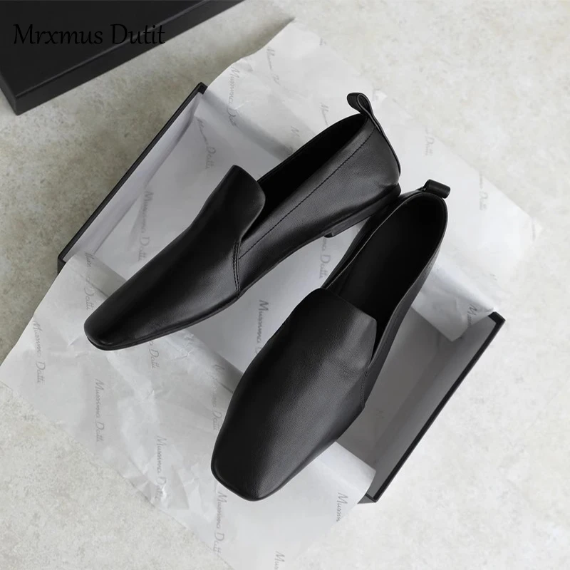 Mrxmus Dutit New Summer Fashion Genuine Leather Flat Shoes Women Casual Solid Color Simple All-match Loafers Female