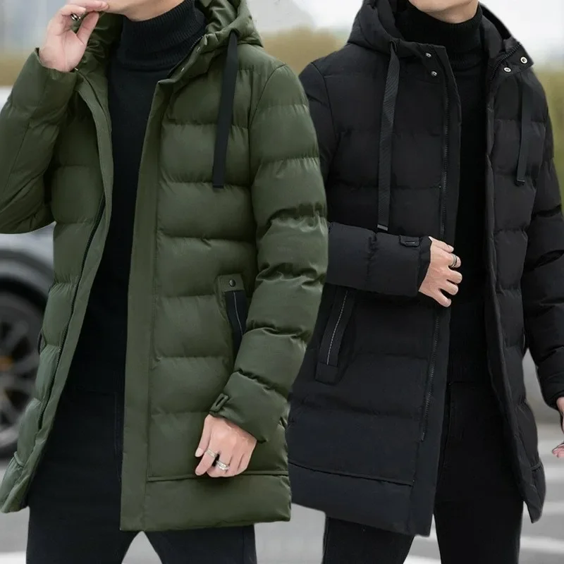 2026KIDWHXR Man Parkas Coat Winter Simple Solid Long Sleeve Men Hooded Jacket Thicken Mid Length Windproof Male Casual Outerwear