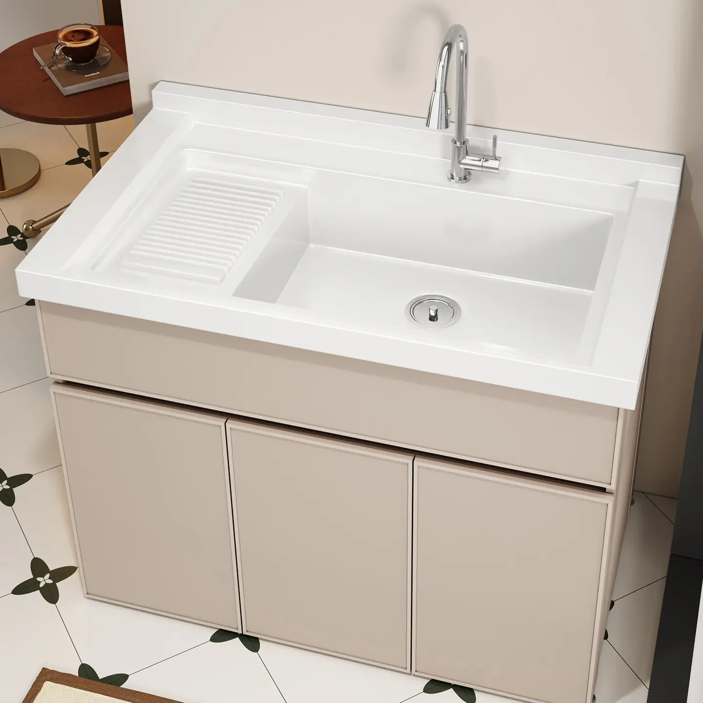 Floor Standing Minimalist Bathroom Vanity Ceramic Basin Mirror Space Aluminum Cabinet Water Resistant Eco-friendly For Home Use