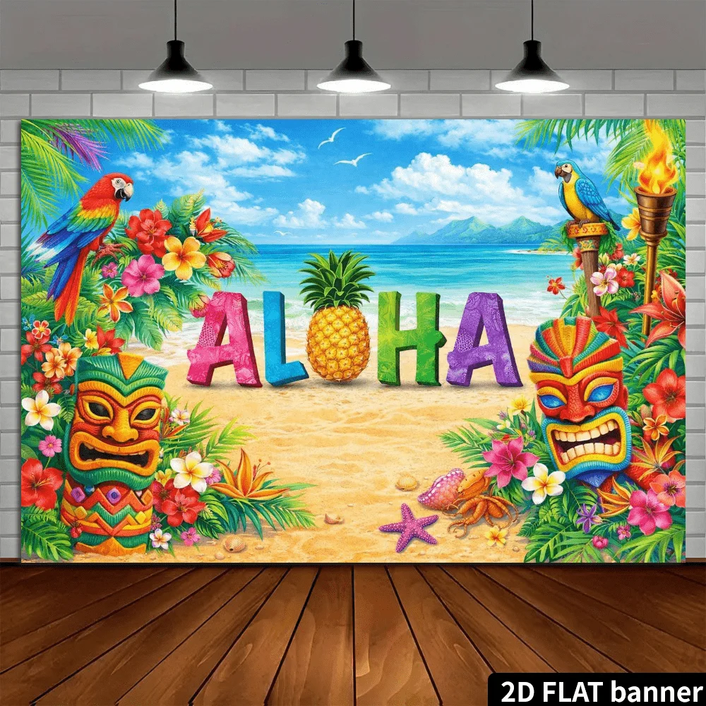 Aloha Hawaii Tapestry, Tiki Mask Parrot Wall Hanging, Tropical Beach Luau Decor, Summer Ocean Background Cloth
