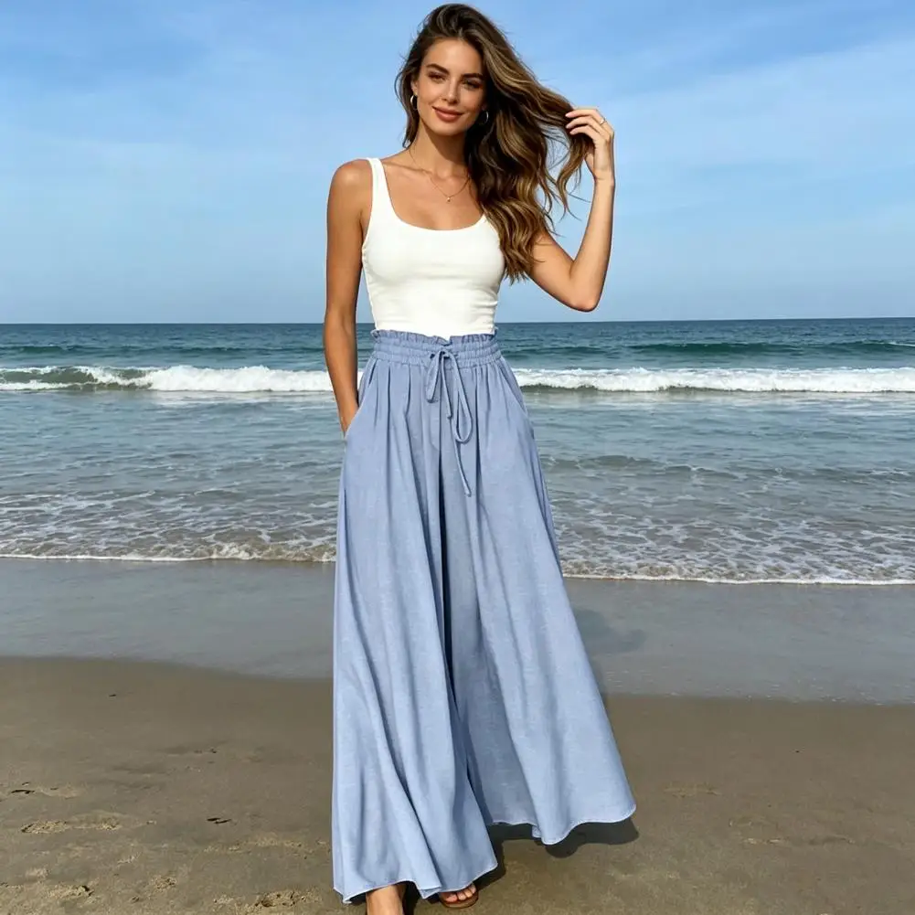 Elastic Waist Pants Women Pants Women’s Oversized Wide Leg Trousers with Pockets Adjustable Elastic Strap Long Pants Pure