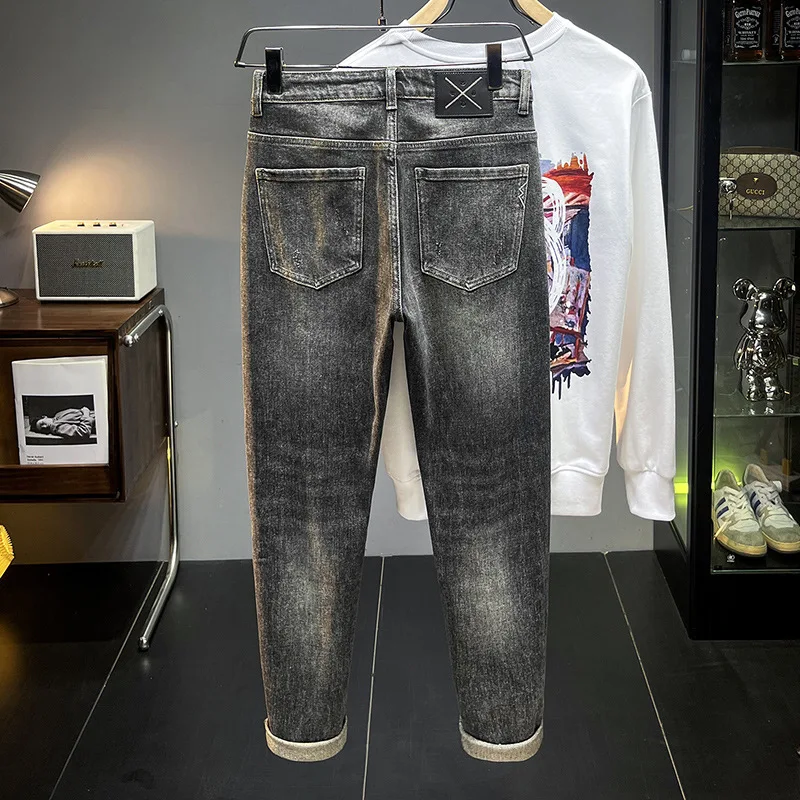 Black gray jeans male hole 2024 new autumn trendy fashion all-match slim fit casual tappered stretch pants