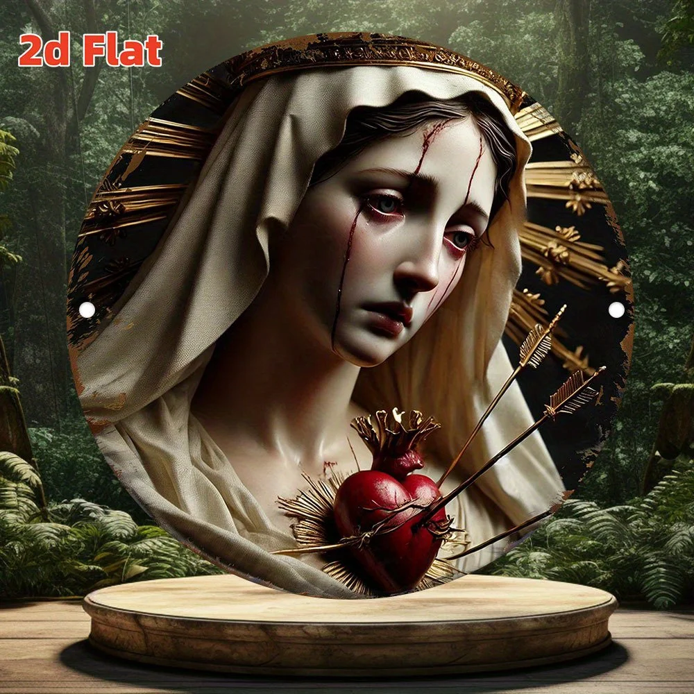 Our Lady of Sorrows Metal Sign 7.87in Round Tin Wall Art Religious Decor for Bedroom Living Room Kitchen Garage