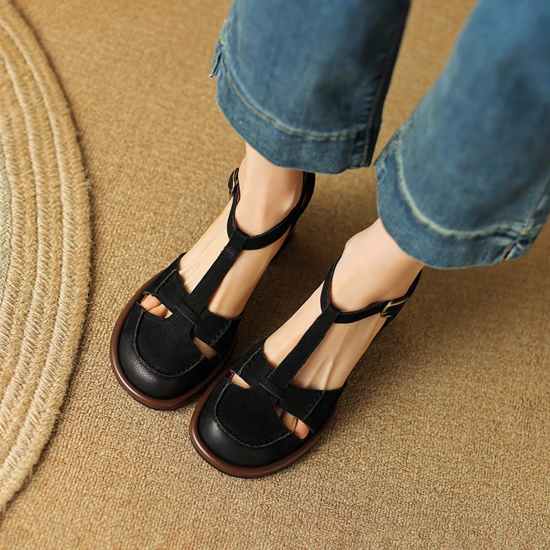 2023 new Women sandals natural leather 22-24.5cm cowhide+pigskin+sheepskin full leather t-buckle hollow out women summer shoes