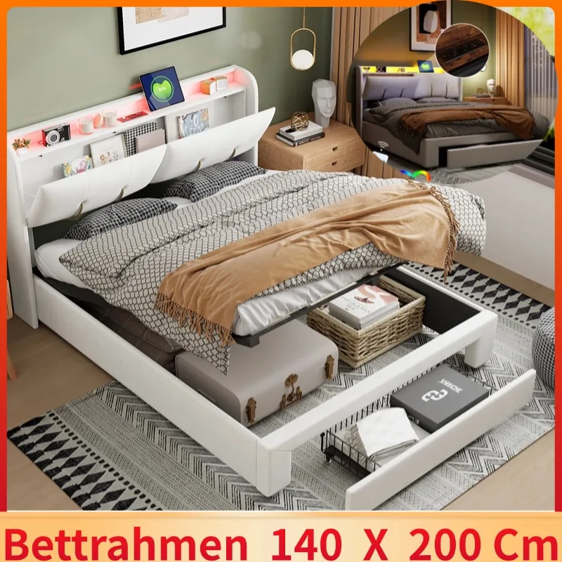 Adult storage bed 140 x 200 cm with drawer, Headboard with LED, charger function and hidden storage, velvet fabric, beige