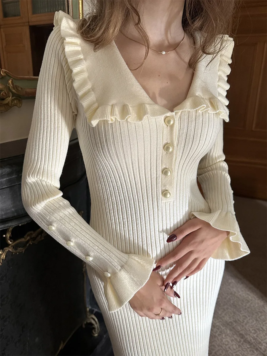 Women's Elegant Ruffled Knitted Dress Long Sleeve High Waist Lapel Gown Knitwear Lady Maxi Dress Casual Autumn New Vintage Fall