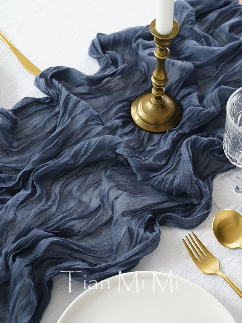 عداء طاولة شاش شبه شفاف ، أزرق غامق ، غطاء جبن عاصف ، طاولة حلوى ، ديكور زفاف عتيق لتناول الطعام ، إعدادات طاولة منزلية مريحة