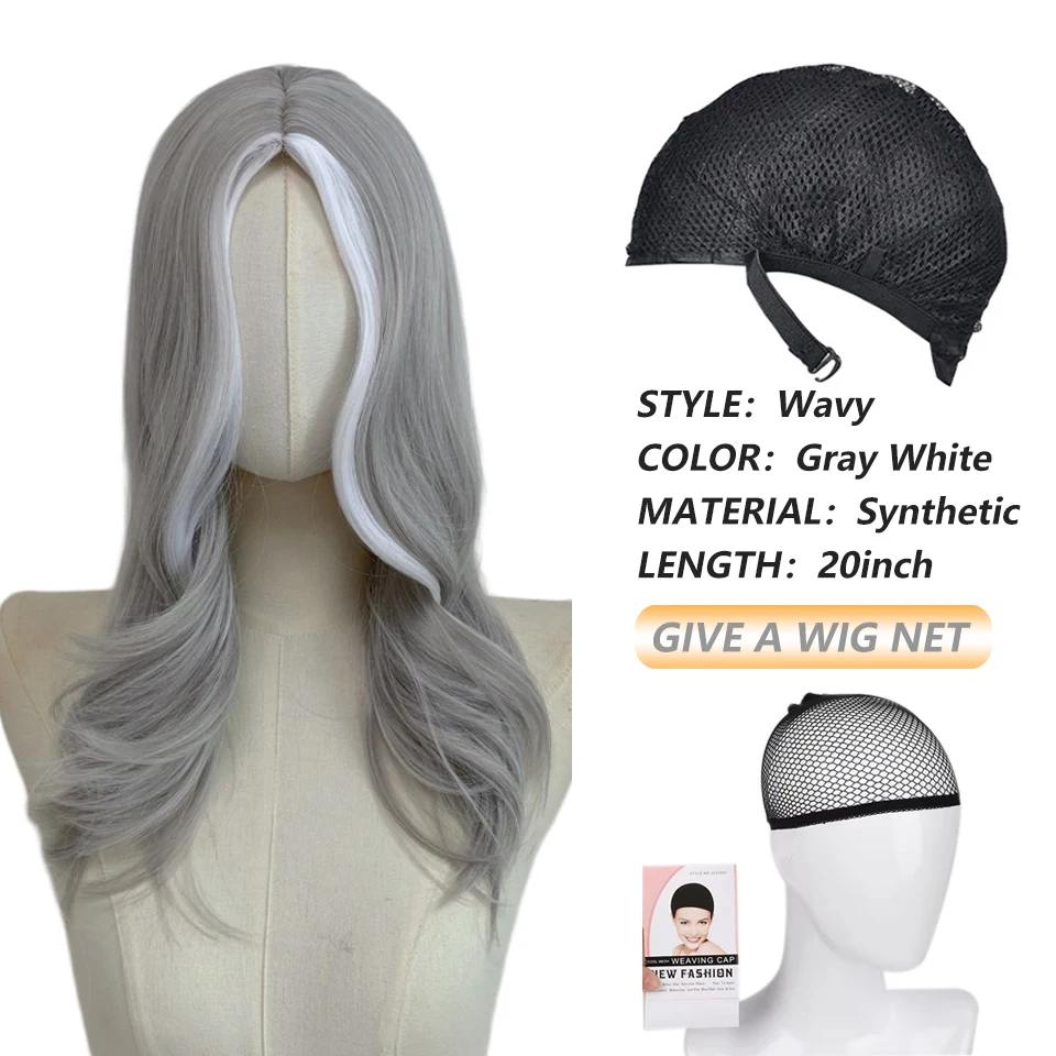 Long Wavy Silver Gray Wig Middle Part Synthetic Wig For Women Halloween Witch Cosplay Costume Wig Heat Resistant Hair