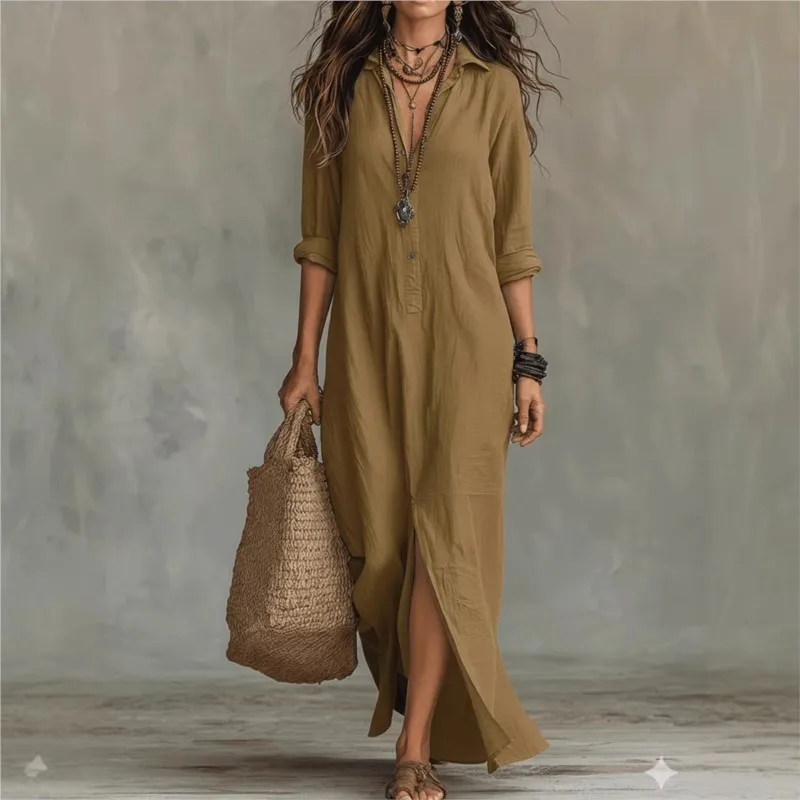 2026 Spring Autumn Oversize Dress Solid Color Front Opening Collar Single-Breasted Long Dresses Casual Shirt Dress Lazy Style