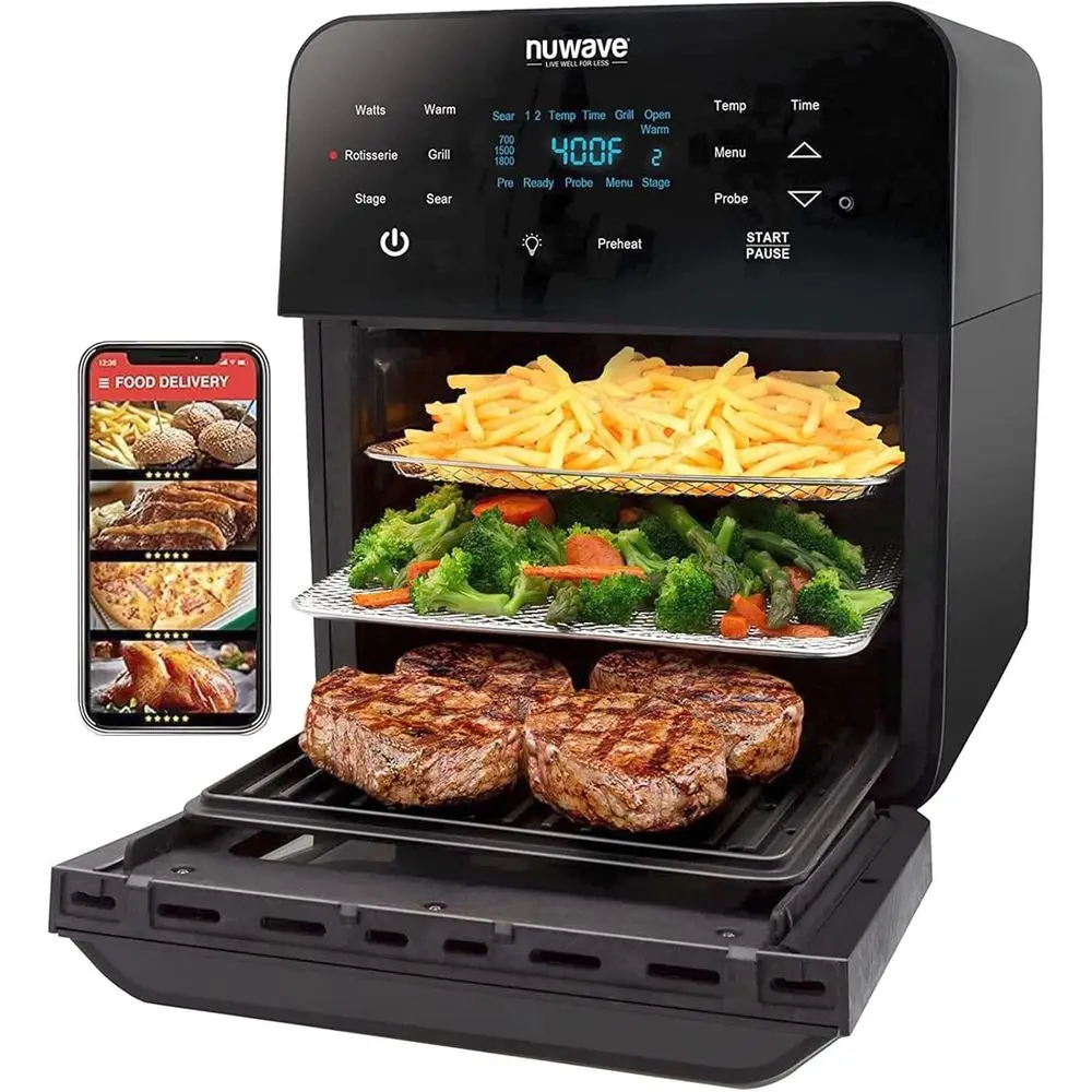 Extra-Large 15.5Qt Air Fryer Oven with Stainless Steel Rotisserie, Skewer Kit, Non-Stick Grill/Griddle, 1800W Power, Smart Therm