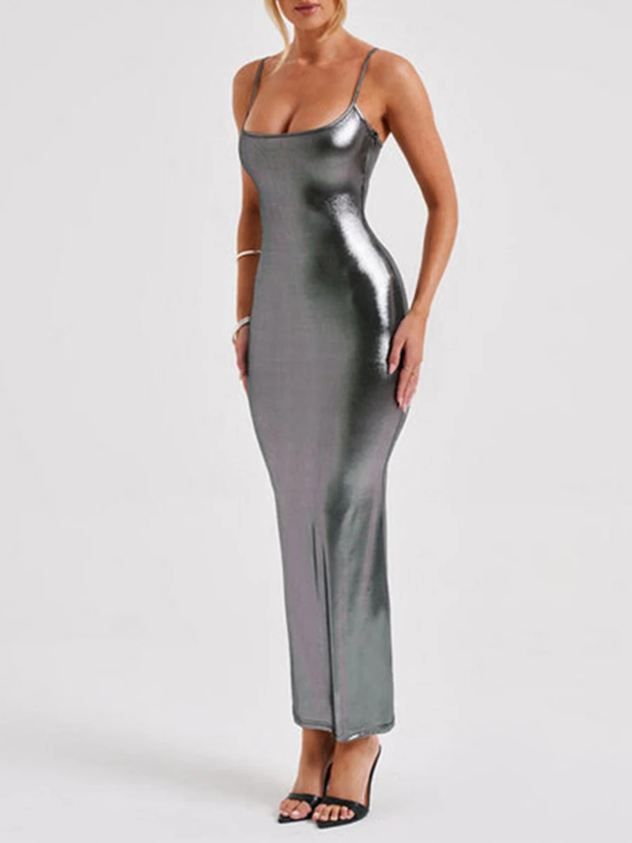 

Women Sleeveless Metallic Long Dress Spaghetti Strap Backless Bodycon Maxi Dress Sexy Solid Slim Fitted Cami Dress