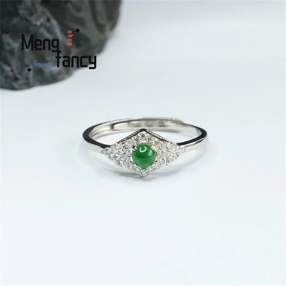 S925 Silver Inlaid Natural Jadeite Exquisite Elegant Charm High-grade Ice Type Imperial Green Finger Ring Couple Fashion Jewelry