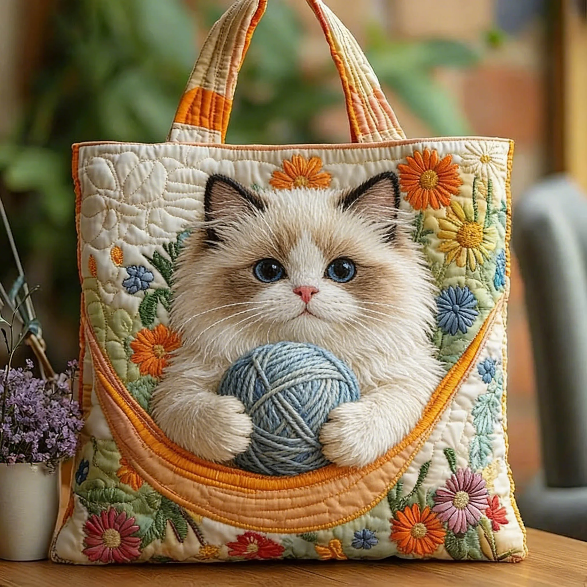 Kawaii Cute Cat Tote Bag Unisex Quilted Floral Design Casual Shoulder Handbag for Daily Shopping Commute