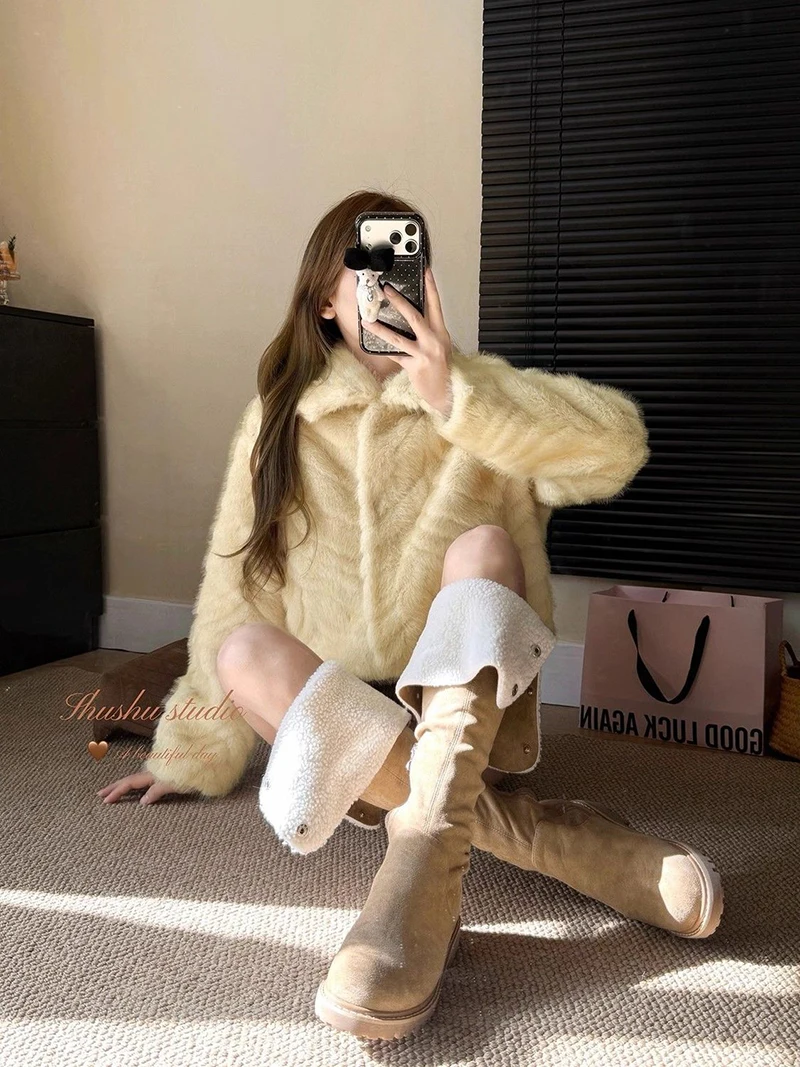 Chic Cream Women Faux Fur Jacket Lapel Collar Button Down Coat Long Sleeve Cropped Loose Luxury Cozy Winter Outerwear Top