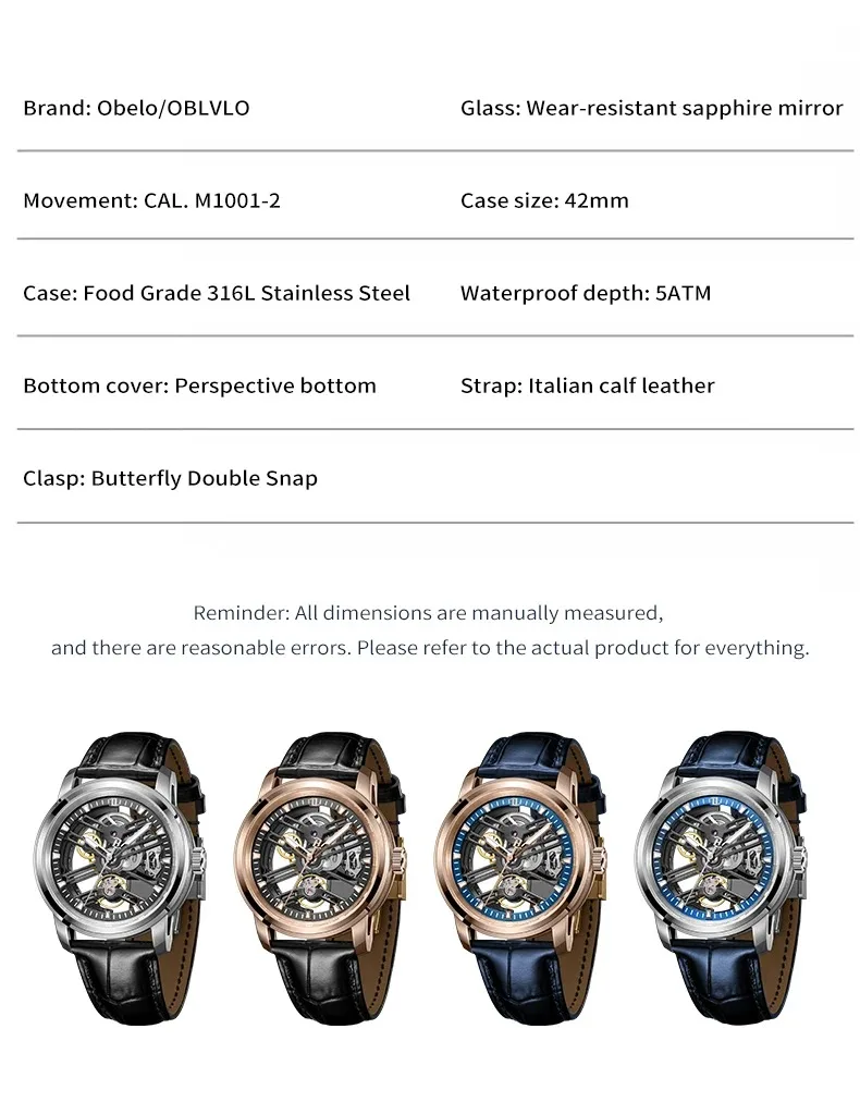 OBLVLO Men Automatic Watch 42MM Mechanical Wristwatch Hollow Out Dial 50M Waterproof Sapphire Mirror Luminous
