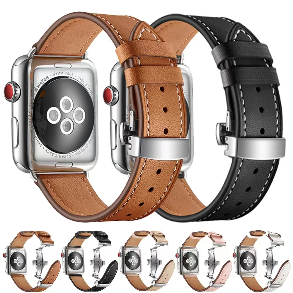 

Leather Strap For Apple Watch 8 7 45mm 41mm Metal Butterfly Buckle Bracelet Wristband For iWatch 6 5 4 3 SE 44mm 42mm 40mm 38mm